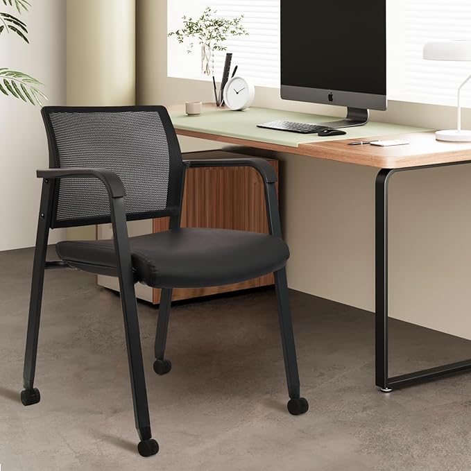 CLATINA Stacking Office Chair with Wheels, Mesh Back Waiting Room Guest Chairs with Arms Comfortable Leather Cushion Stackable Desk Chair for Conference Reception School Side Stationary, Black, 4PK-DeskLoop Office