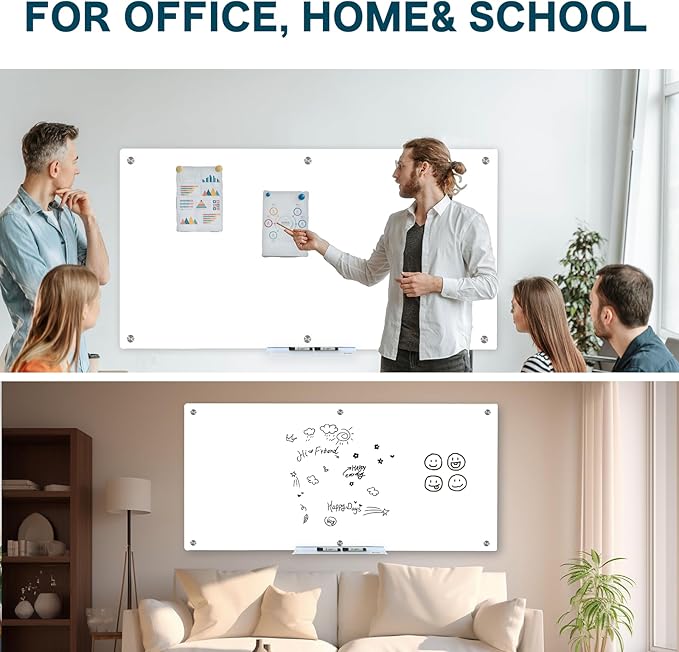 J&J worldwide Magnetic Glass Whiteboard Brilliance White Dry Erase Board 6' x 3', Large Frameless Glass White Boards for Walls, Includes Magnets, Marker Tray, Eraser for Office, Home, School-DeskLoop Office