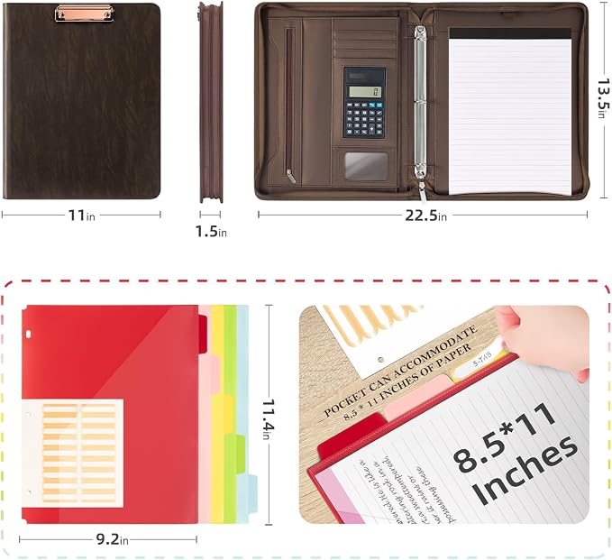 Ospelelf Zippered Portfolio Binder, Leather Clipboard Folder - Image 2