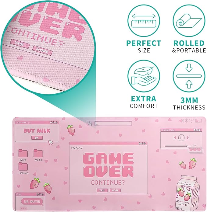 Pink Gaming Mouse Pad 27.6x11.8 Inch Pastel Game Over Large Mousepad Kawaii - Image 5