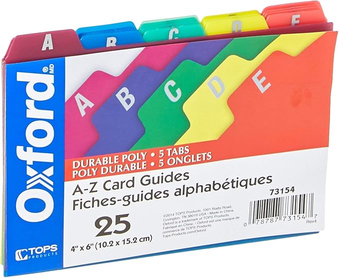 Oxford Poly Index Card Guides, Alphabetical, 25 Guides per Set by Oxford