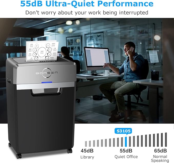 BONSEN Heavy Duty Paper Shredder, 24-Sheet Cross-Cut Shredder, 40-Min Continuous Running Time, Commercial Grade Shredder for Office, 9-Gallon Big Basket, 55dB Super Quiet, P-4 High Security (S3105)-DeskLoop Office