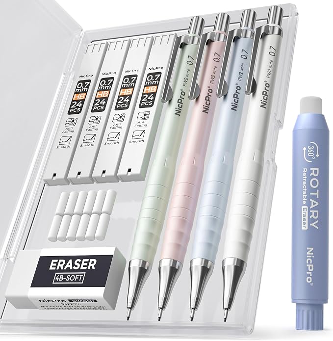 Nicpro Cute Mechanical Pencil Set, 4B Erasers, Rotary Retractable Eraser and by Nicpro
