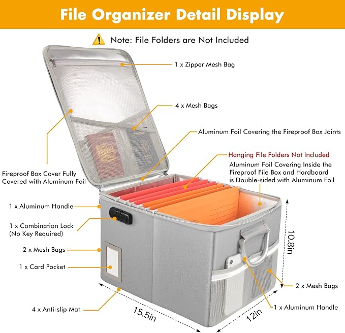 TOMKID 5200°F Fireproof Document Box, Fire Important Document Organizer - Image 3