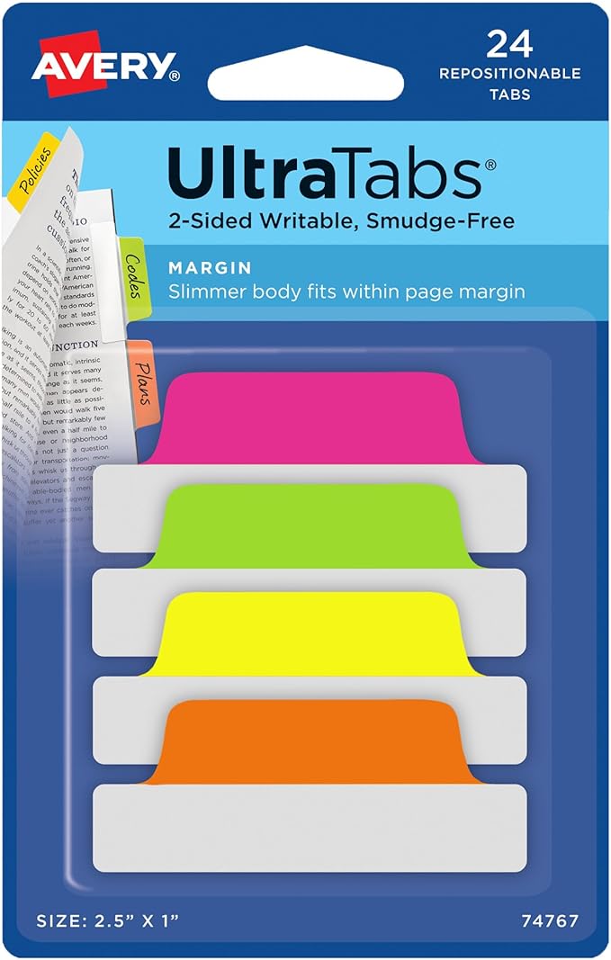 Avery Margin Ultra Tabs, 2.5" x 1", 2-Side Writable, 24 Repositionable Page Tabs by Avery