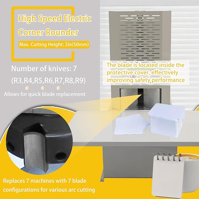 Electric Corner Rounder Machine 50mm Capacity Round Corner Cutter with Safety Guard & Foot Pedal 7PCS Blades R3-R9 Commercial Corner Rounding for Documents Certificates Books Packaging-DeskLoop Office