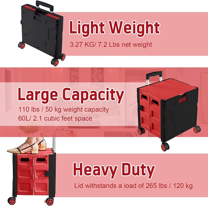 FELICON Folding Utility Cart Rolling Crate Handcart Basket Tote-Red+Black | - Image 6