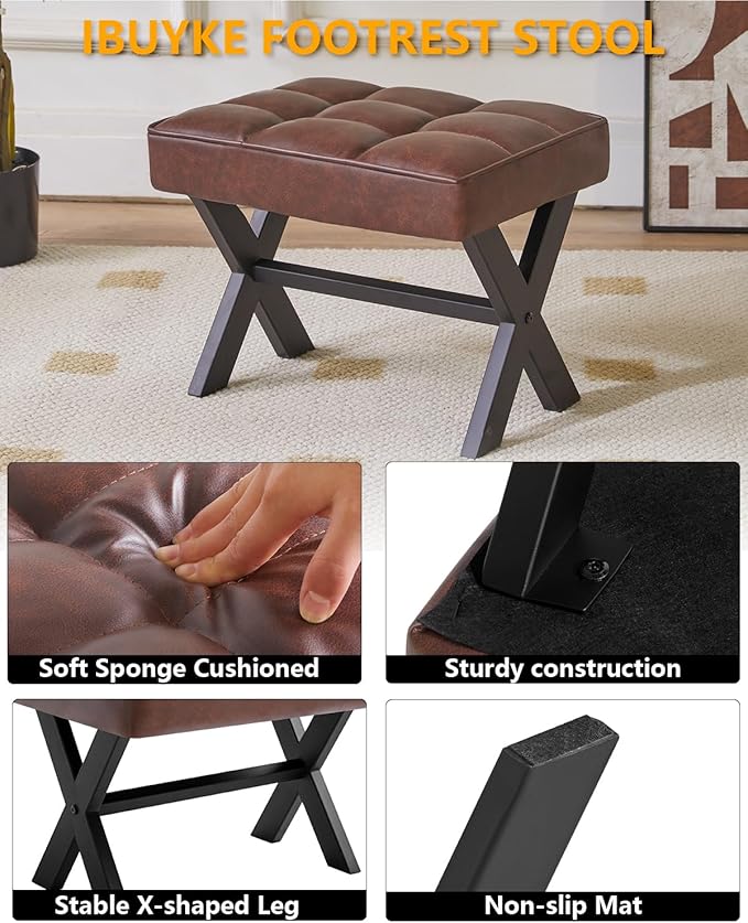 IBUYKE Small 12" H Footrest Stool, Square PU Foot Stool with Metal X-Leg, Multi-Use as Small Side Table, Step Stool for Living Room, Bedroom, Entryway, Office, Dark Brown WBD012Z-DeskLoop Office