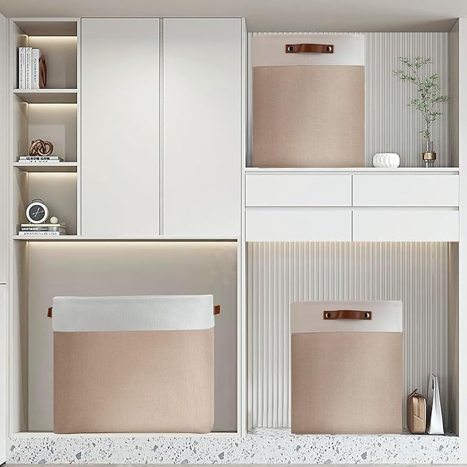 DULLEMELO Large Storage Baskets for Organizing, Canvas Storage Bins Big Baskets With Handles for Shelf Clothes Empty Gift Basket (White&Khaki)-DeskLoop Office
