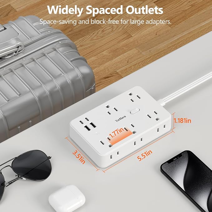 Surge Protector Power Strip 5 FT Flat Extension Cord ，10 AC Outlets & 4 USB - Image 3