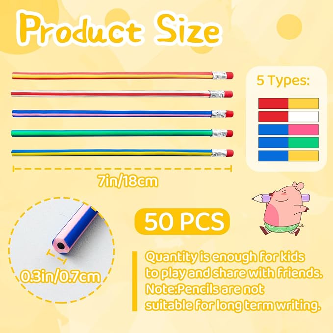 100 Pack Flexible Bendy Pencil, Stripe Rubber Pencil - Image 2