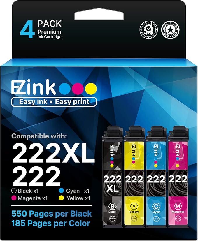 E-Z Ink Remanufactured for Epson 222 222XL Ink Cartridges Combo Pack High Yield Work for Workforce WF-2960, Expression Home XP-5200 Printer (Black, Cyan, Magenta, Yellow)-DeskLoop Office