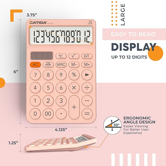CATIGA 12 Digit Desktop Calculator Basic Desk Calculator with Large LCD Display, Big Buttons, 4 Function, Solar and Battery Dual Power, for Office, School, Home, SD-1292 Pink-DeskLoop Office