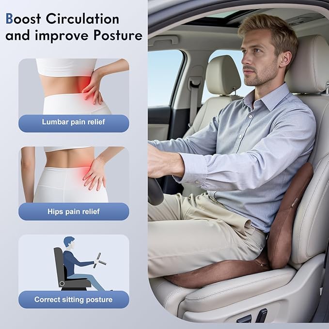 Coverado Memory Foam Car Seat Cushion and Lumbar Support Pillow for Car, Ergonomic Office Chair Cushion for Lower Back Pain Relief, Breathable & Non-Slip for Car, Home, and Office Use, Coffee-DeskLoop Office