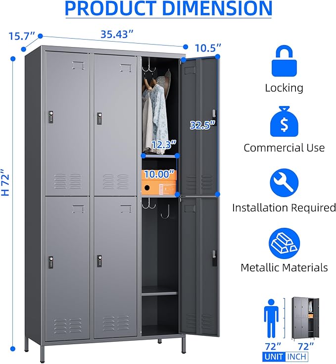 6 Doors Metal Locker for Employees with Combination Locks,Metal Lockers with Business Card Holder and 18 Hooks for School Garage Office Gym Home,Assembly Required,Dark Grey-DeskLoop Office