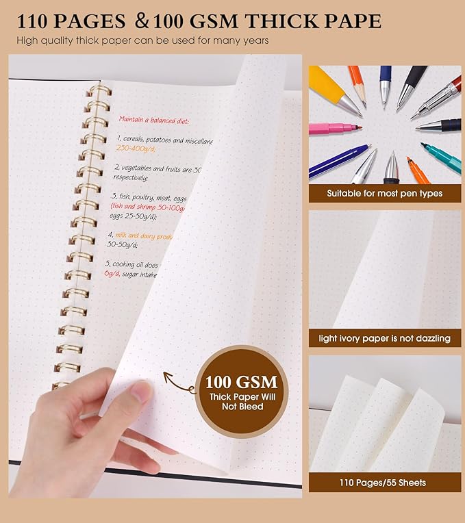 Dotted Notebook, Spiral Notebook Journal 8.5” x 11”, A4 Large Dot Grid Notebooks for Women Men, 100 GSM Dotted Paper, Plastic Hardcover Spiral Bullet Journals for Work School Sketching, Black-DeskLoop Office