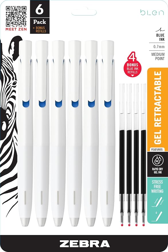 Zebra Pen, bLen Retractable Gel Pens, Medium Point 0.7mm, All White Barrels by ZebraPen