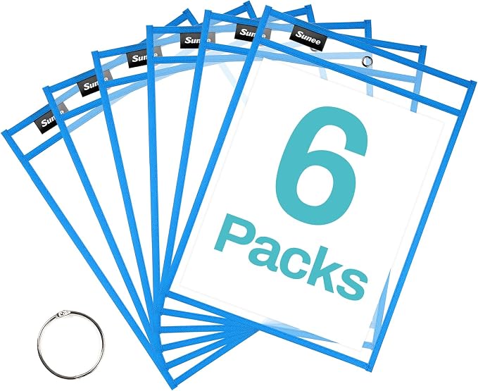 SUNEE 6 Packs Oversized Reusable Dry Erase Pocket Sleeves by SUNEE