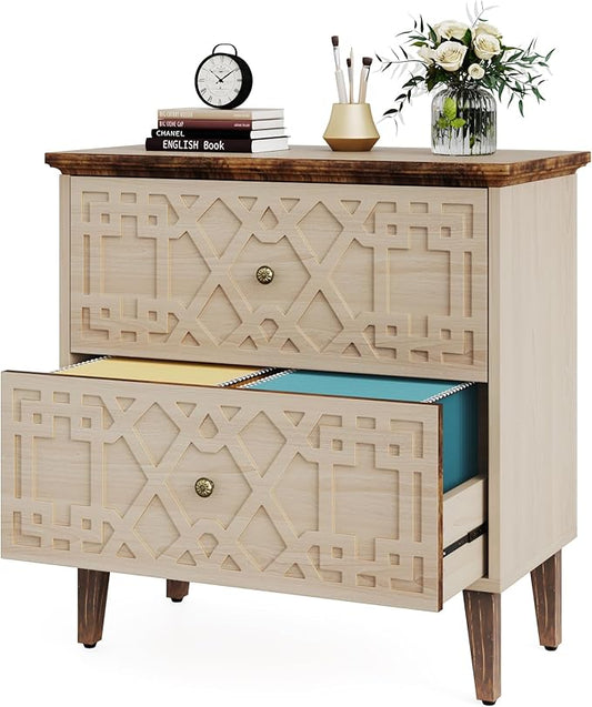 LITTLE TREE 2-Drawer File Cabinet, Wood Lateral Filing Cabinet for Home Office, Beige-DeskLoop Office