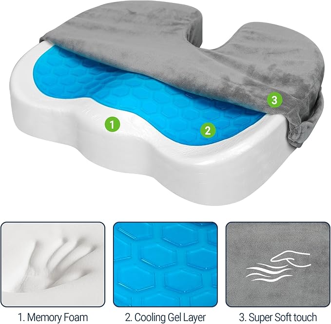 Gel Seat Cushion – Office Chair Cushion – Non-Slip Gel Memory Foam Coccyx Cushion for Tailbone Pain - Desk Chair Car Seat Cushion Driving - Sciatica Back Pain Relief, Velvet, Grey-DeskLoop Office