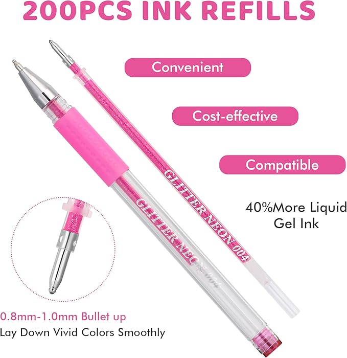 200 Colors Gel Pen Refills, Glitter Neon Gel Ink Pens Refills,Replace Cartridges for Gel Pens Set,9 Color Type for Kids Adult Coloring Books Drawing Doodling Crafts Scrapbooking Journaling,No Repeats-DeskLoop Office