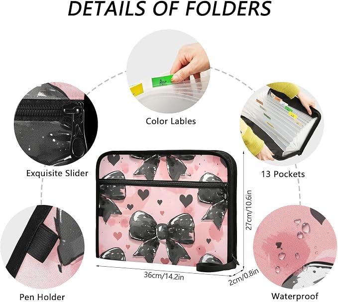 Expanding File Folder Black Bow Heart Pink Accordion File Organizer 13 Pockets - Image 4