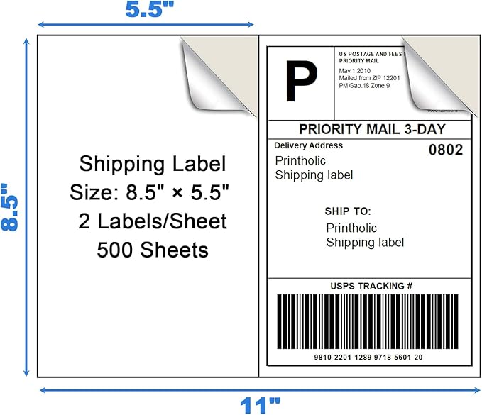 1000 Half Sheet Self Adhesive Shipping Labels for Laser & Inkjet Printers - 500 Sheets, 2 per Page Shipping Labels, 8.5" x 5.5" Half Sheet Labels-DeskLoop Office