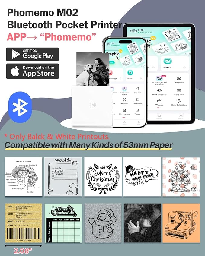 Phomemo Mini Sticker Printer- Mini Printer Sticker Maker Machine M02, Print Pods Suitable for Creative DIY, Diaries, Photos, Study Notes, Portable Thermal Inkless Label Maker for Home/Travel, White-DeskLoop Office