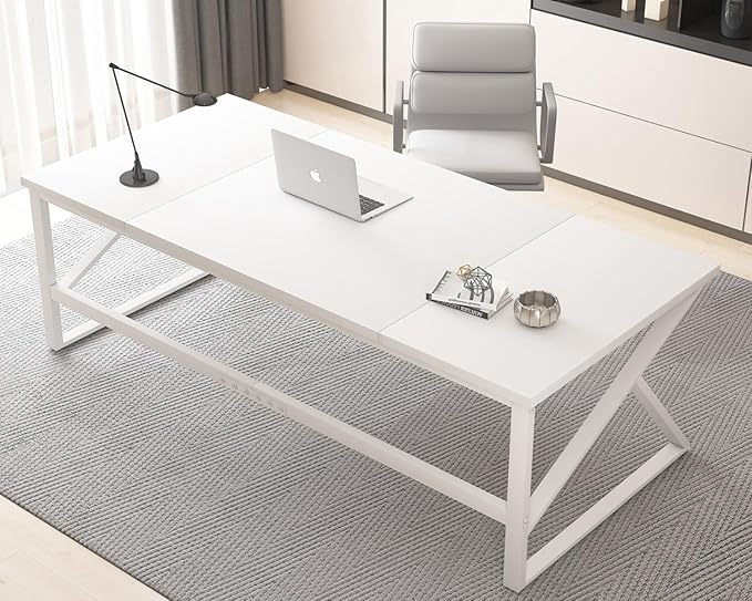 HSH 70 Inch Long White Computer Desk, Modern Large Executive Work Writing Study Gaming Desk for Home Office, Industrial Metal Wooden Two Person Desk Dual Monitor Workstation in Bedroom Living Room-DeskLoop Office