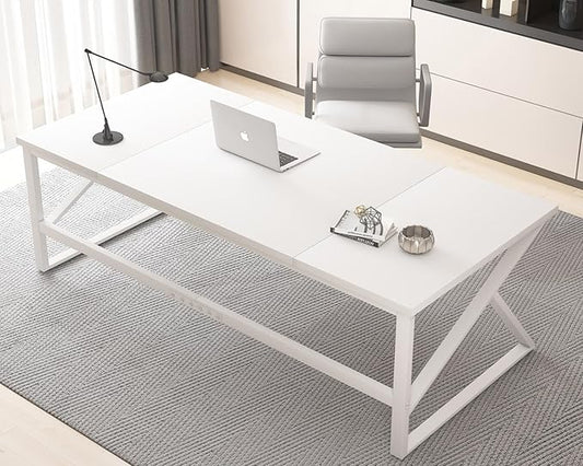 HSH 70 Inch Long White Computer Desk, Modern Large Executive Work Writing Study Gaming Desk for Home Office, Industrial Metal Wooden Two Person Desk Dual Monitor Workstation in Bedroom Living Room-DeskLoop Office