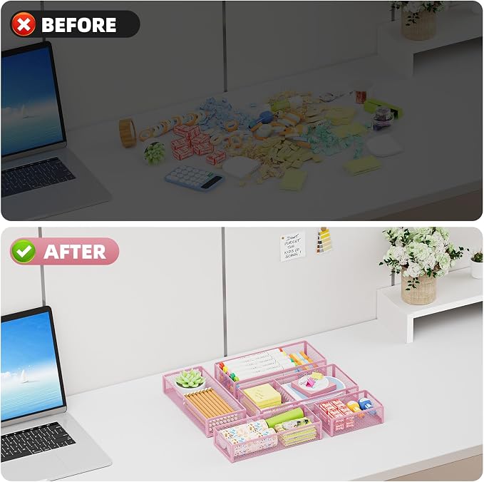 Marbrasse 5 Pack Desk Drawer Organizer Set, Mesh Drawer Storage Trays - Image 7