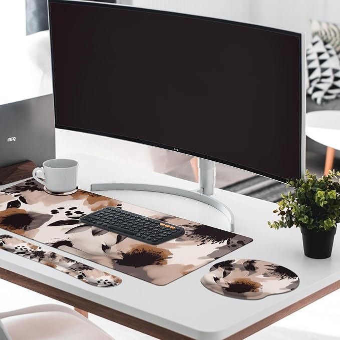Britimes Brown Boho Tribal Flower Keyboard Mouse Pad Set 4in1 Large - Image 7