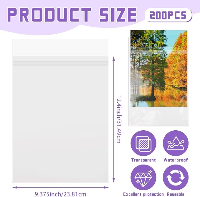 VOKOY 200 Pack 9 3/8 x 12 2/5 inches Crystal Clear Sleeves Storage Bags - Image 2