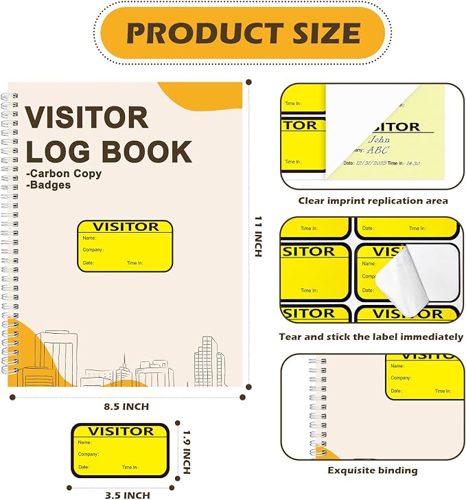 2 Pack Visitor Badges with Carbon Copy Visitor Stickers Letter Size Visitor Log - Image 2