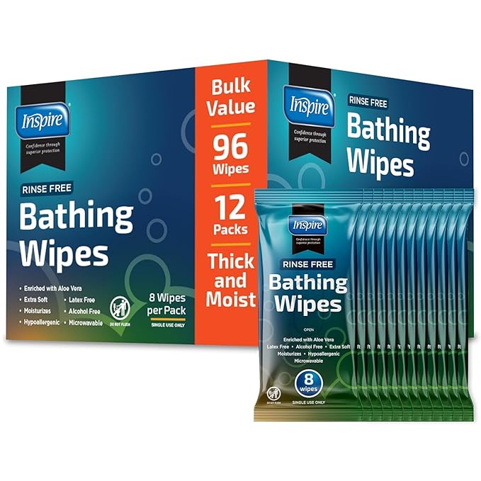 Inspire Thick Rinse Free Body Wipes, Extra Large Washcloths For Adults, Aloe Vera Enriched