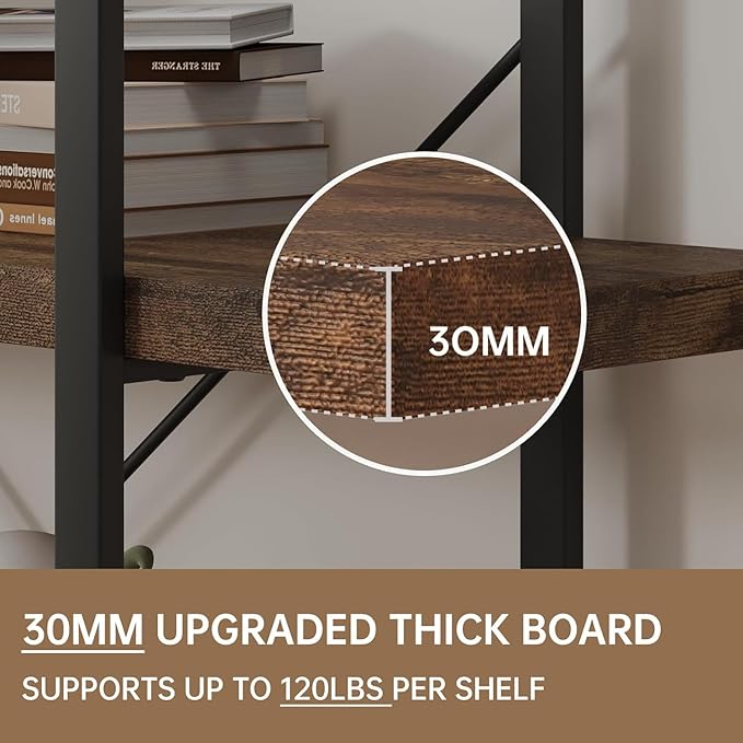 Heavy Duty 4-Tier Industrial Bookcase, 47" Wide Wood Bookshelf for Home Office, 120lbs Shelf Capacity, Rustic Open Shelving Display with Reinforced Horizontal Shelf for Living Room Bedroom-DeskLoop Office