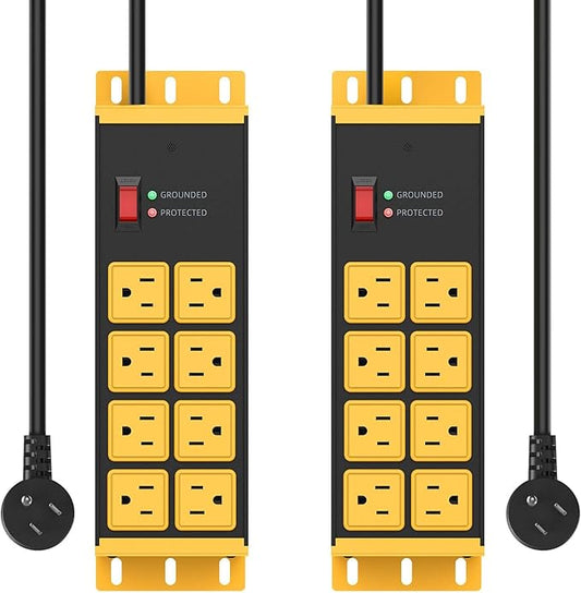 HHSOET 2 Pack Heavy Duty Power Strip 8 Outlets, Metal Wall Mount Outlet Strip 4800J Surge Protector, Garage Shop Under Desk Mountable 6FT Extension Cord Plug, ETL Listed-DeskLoop Office