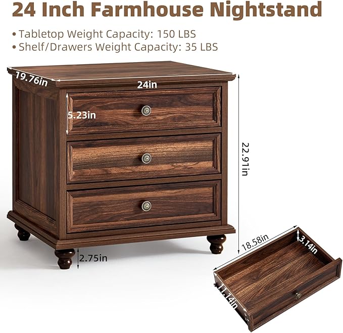 24" Wide Farmhouse Night Stand,Large End Table with 3 Drawers & Metal Handle,Wood Dresser for Bedroom Cabinet, Bed Side Table Chest of Drawers,Brown Nightstand for Living Room,Close-DeskLoop Office