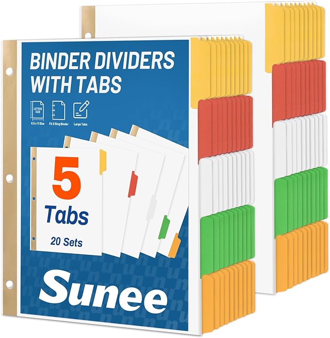 SUNEE Binder Dividers with Colorful Write On & Erase Tabs by SUNEE
