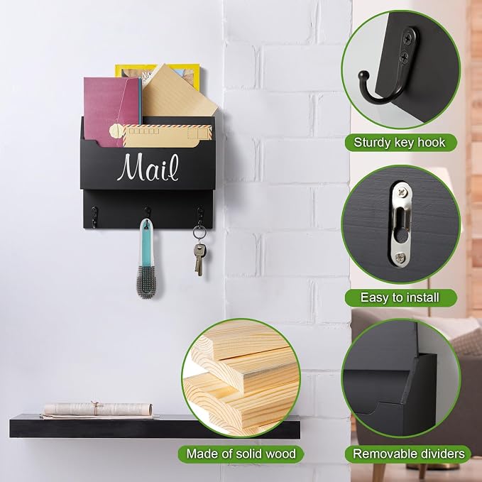 DRASTAR Mail Organizer Wall Mounted, Wooden Mail Sorter & Key Holder - Image 4