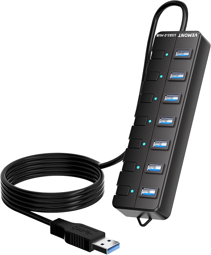 VEMONT 7-Port USB 3.0 Hub (Equipped with a 4-Foot Data Cable, Individual Switch, and Indicator Light, it Supports Data Transfer speeds of up to 5Gbps) Suitable for Desktop Computers and laptops.-DeskLoop Office