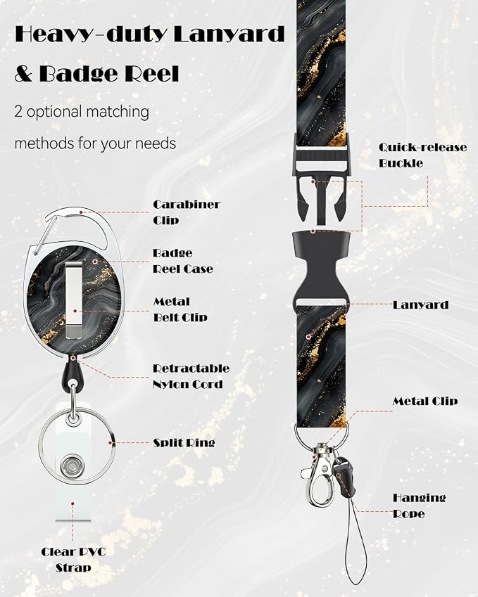 Uniclife Marbling Sliding Badge Holder Black & Gold Marble Pattern Plastic Card - Image 5