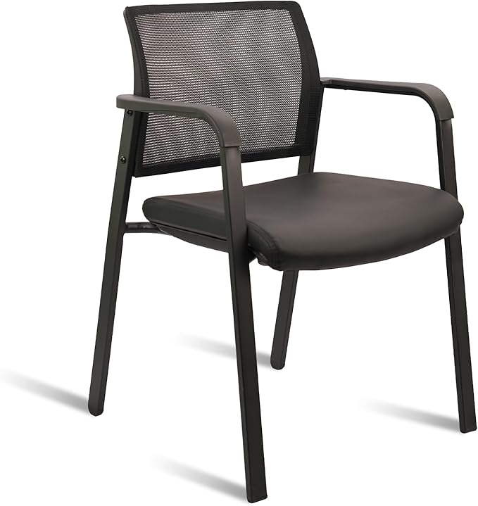 CLATINA Stackable Office Chair, Mesh Back Guest Chairs with Comfortable Leather Seat Arms Stacking Ergonomic Desk Chair No Wheels for Conference Waiting Reception School Side Stationary, Black-DeskLoop Office