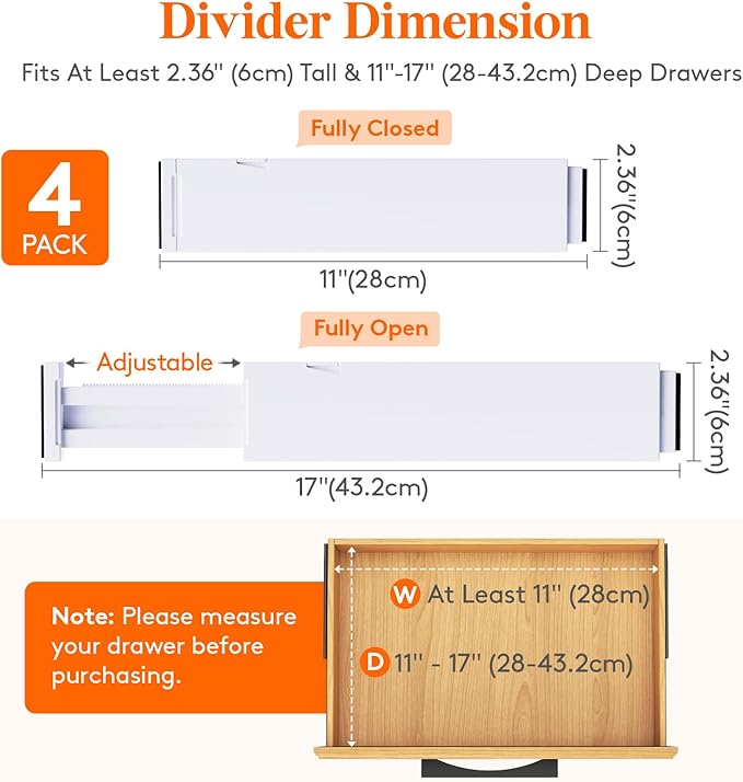 Lifewit 4 Pack Kitchen Drawer Dividers 2.36" High, 11"-17" Adjustable Drawer Organizer for Utensils/Clothes/Makeup, Plastic Expandable Separators in Dresser/Bedroom/Bathroom/Office Storage-DeskLoop Office