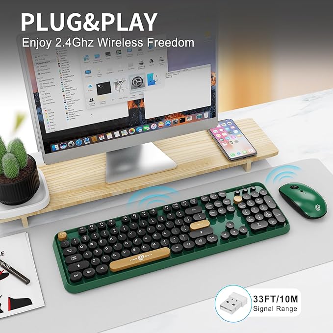 FD Wireless Keyboard and Mouse | Cute Colorful Keyboard and Mouse with 2.4GHz Cordless Retro Typewriter Keyboard | Auto-Sleep | USB Receiver for Windows PC/Laptop - Green Colorful-DeskLoop Office