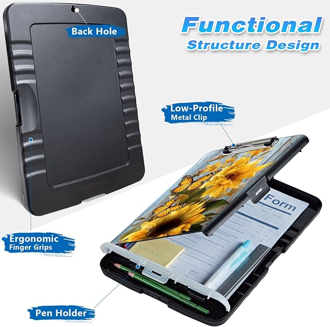 Clipboard with Storage, High Capacity Sunflower Butterfly Storage Clipboard - Image 2