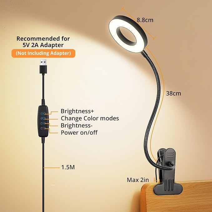 Woputne Desk Lamp Clip Light, 10 Dimmable Brightness 3 Light Modes Reading Light - Image 5