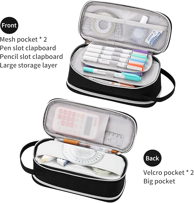 Dugio Big Pencil Case for Boys Teens Kids Zipper Pencil Pouch with Handle Organizer Pencil Bag Aesthetic Pencil Box for School Black-DeskLoop Office
