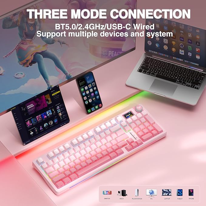 AULA S98 Pro Wireless Mechanical Keyboard with Screen & Knob,2.4GHz/USB-C/BT5.0 Hot Swappable Pink Creamy Keyboard,Pre-lubed Linear Switches,Side Printed PBT Keycaps,RGB Backlit Gaming Keyboards-DeskLoop Office
