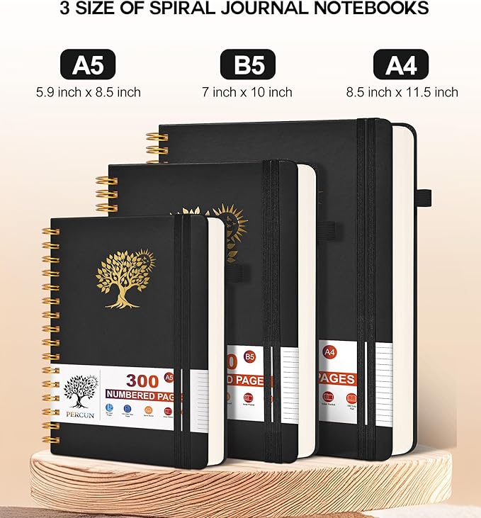 Spiral Notebook Journal for Women Men, 300 Numbered Lined Pages, College Ruled, A5 Hardcover Spiral Bound Notebook for School, Work, Note Taking Writing, Leather Spiral Journal Medium 5.9"x8.5"-DeskLoop Office
